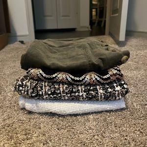 4 skirts- olive green, black sequin, white tweed, black tweed